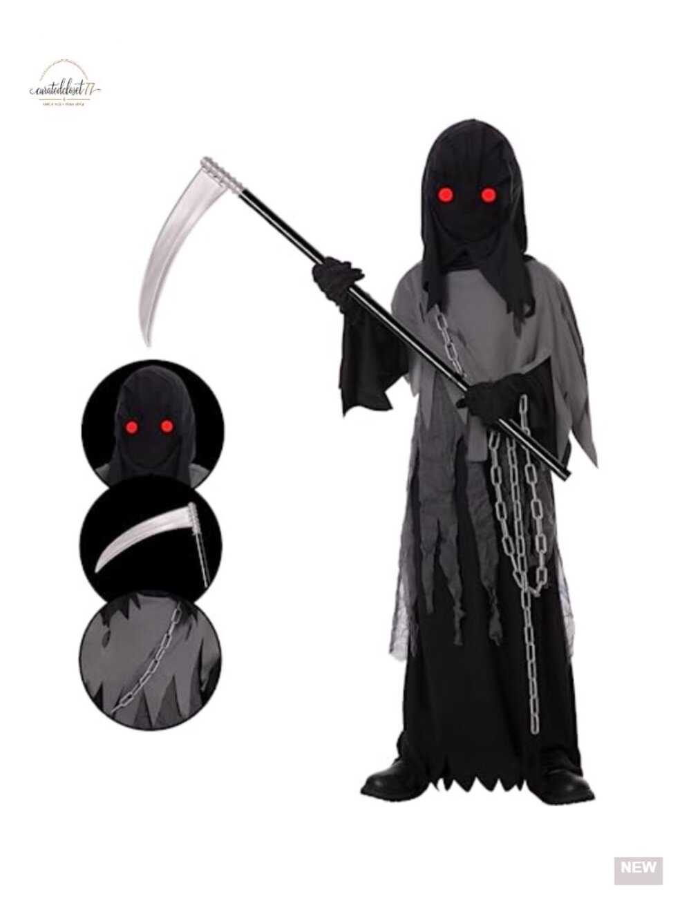 Kids Grim Reaper Halloween Costume Glowing Red Eyes Scythe Boys